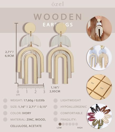 Ozel - Natural Wooden Acrylic Boho Drop Dangle Earrings for Women - Geometric Statement Jewellery - Brown, Black, Magent Red, Olive Green, White beige - color: Arch_White beige