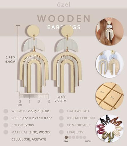 Ozel - Natural Wooden Acrylic Boho Drop Dangle Earrings for Women - Geometric Statement Jewellery - Brown, Black, Magent Red, Olive Green, White beige - color: Arch_White beige