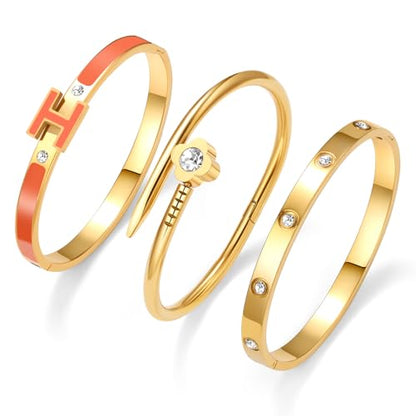 3Pcs Gold Bracelets for Women 14K Gold Plated Love/H/Nail Bangle Bracelet Dainty Non Tarnish Bracelet Jewelry Christmas Mothers Day Gifts for Women - color: 3Pcs Gold/Orange H bracelet