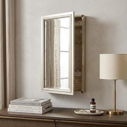 Hives & Honey Jamie Wall Mounted Jewelry Mirror Cabinet, Champagne – Hidden Jewelry Organizer with Earring Hooks, Necklace Hooks, Ring Rolls & Anti-Tarnish Lining - color: Champagne