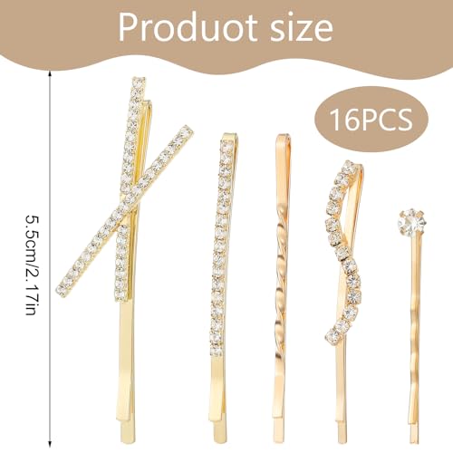 Nogeqi 16PCS Rhinestone Bobby Pins, Decorative Rhinestone Hair Clips, Elegant Metal Crystal Diamond Hair Pins for Women Girls Bridal Wedding Party Accessories (Gold)