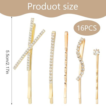 Nogeqi 16PCS Rhinestone Bobby Pins, Decorative Rhinestone Hair Clips, Elegant Metal Crystal Diamond Hair Pins for Women Girls Bridal Wedding Party Accessories (Gold)