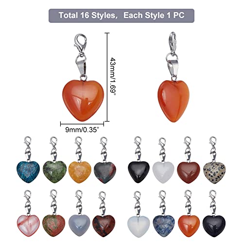 PH PandaHall Heart Stone Charms 16pcs Love Heart Pendants Quartz Gemstone Chakra Stone Charm Pendants with Lobster Claw Clasps for Wedding Necklace Jewelry Making Keychain Mother's Day - color: 16 Color Heart -16pcs
