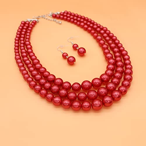 Chunky Layered Imitation Pearl Necklace for Women 3 strand Pearl Necklaces Faux Pearl Necklace Earrings Set 1920s Flapper Gatsby Costume Accessories - color: 3 strand pearl necklace Red