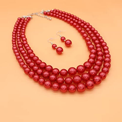 Chunky Layered Imitation Pearl Necklace for Women 3 strand Pearl Necklaces Faux Pearl Necklace Earrings Set 1920s Flapper Gatsby Costume Accessories - color: 3 strand pearl necklace Red