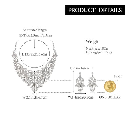 Women's Bohemian Statement Jewelry Set for Bride | Boho Stunning Crystal Teardrop Filigree Leaf Hollow Necklace Dangle Earrings Set for Bridesmaid Bridal Accessories - color: Clear Silver-Tone