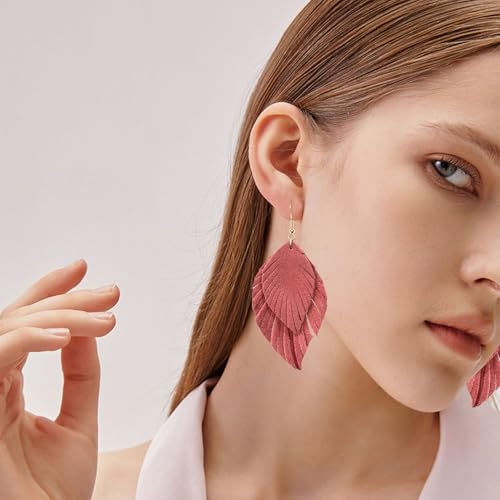 Handmade Bohemian Large Soft Genuine Leather Fringe Double Feather Dangle Drop Earrings Lightweight Simple Color PU Leaf Hook Earrings for Women - color: Meat Pink