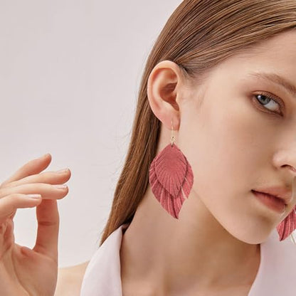 Handmade Bohemian Large Soft Genuine Leather Fringe Double Feather Dangle Drop Earrings Lightweight Simple Color PU Leaf Hook Earrings for Women - color: Meat Pink