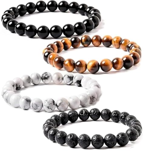 WFJ Black Obsidian Hematite Triple Protection Bracelets Set - Tiger Eye Beaded Natural Stone Bracelet for Men Women Gemstone (10MM) - color: Tiger's Eye Set of 4