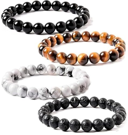 WFJ Black Obsidian Hematite Triple Protection Bracelets Set - Tiger Eye Beaded Natural Stone Bracelet for Men Women Gemstone (10MM) - color: Tiger's Eye Set of 4