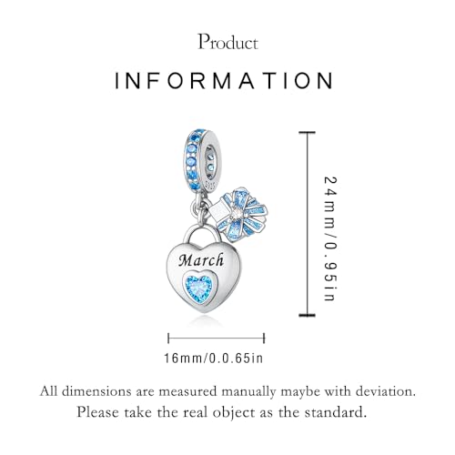 LNQOBU 925 Sterling Silve Heart-shaped Birthstone Charm for Bracelets, With 5A Cubic Zirconia Birthday Charms Dangle Pendant Bead for Pandora Bracelets - color: C-March
