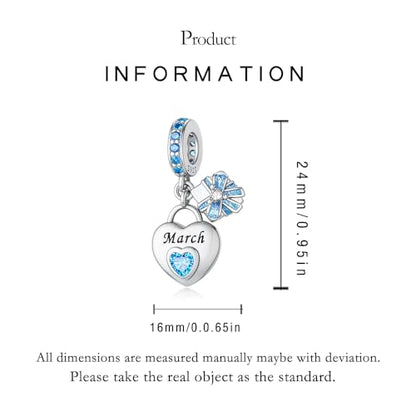 LNQOBU 925 Sterling Silve Heart-shaped Birthstone Charm for Bracelets, With 5A Cubic Zirconia Birthday Charms Dangle Pendant Bead for Pandora Bracelets - color: C-March