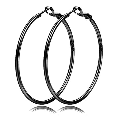2mm Sterling Silver Big Hoop Earrings For Women - Large Hypoallergenic Circle Endless Thin Oversize Silver Hoops - color: Black,60mm
