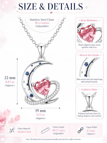 Birthstone Necklace for Women White Gold Moon and Star Pendant Moon Jewelry Anniversary Birthday Gifts for Mom Wife Her - color: 10. October - Pink Tourmaline