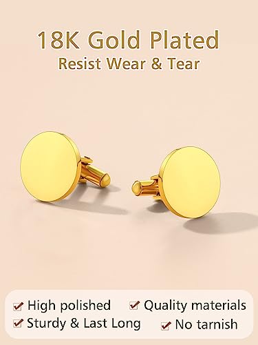 FindChic Stainless Steel Round Cufflinks with Custom Text/Picture/Monogram Letters 18K Gold Plated/Black Color for Men Groom Suits Shirts, with Gift Box - style: 01. simple round (gold plated)