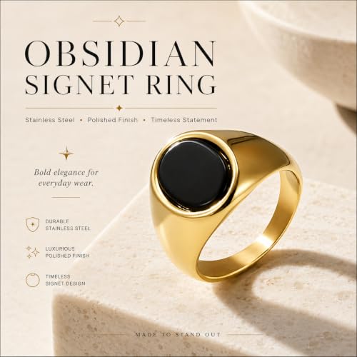 Stainless Steel Black Obsidian Ring for Men Women, Oval Black Stone Signet Ring, Gold Silver Black Tone Wide Band Ring, Polished Stainless Steel Statement Jewelry Gift - color: Gold
