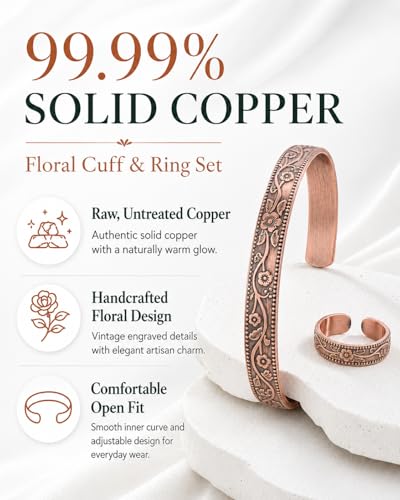 BioMag Pure Copper Bracelet & Ring for Women Men, 99.99% Solid Handmade Copper Cuff Bangle, Adjustable Jewelry Gift with Gift Box - color: Copper-Flower