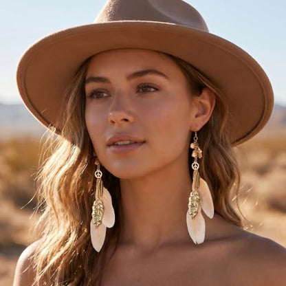 FRESHME Native American Earrings for Women - Ethnic Boho Feather Dangle Jewelry with Tessel for Birthday Party Photoshoot - color: Champagne