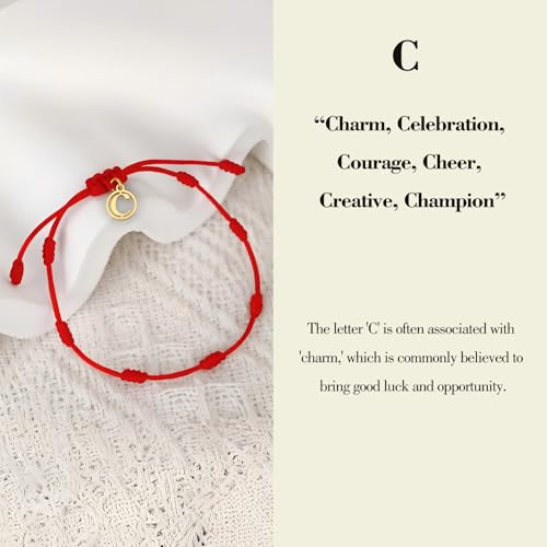 Red String Bracelet with Initial Letter and 7 Protective Knots – Adjustable Kabbalah Bracelet for Women & Men, Personalized Good Luck Charm for Positive Energy - color: C