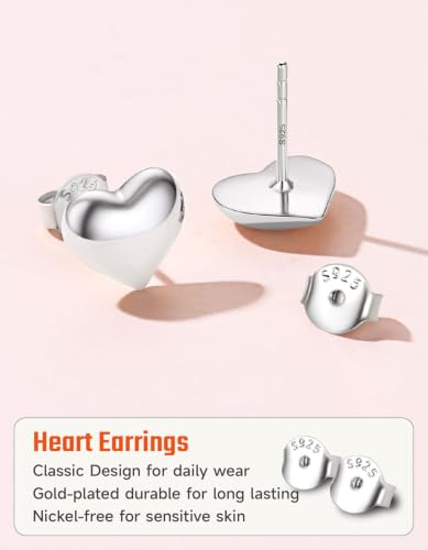 JustBeingCute Heart Stud Earrings 14K Gold Plated 925 Sterling Silver Posts | Dainty Simple Heart Earrings for Women hypoallergenic Chunky Puffy Studs Lightweight with Gift Box（7/10mm） - color: 10mm Silver Stud
