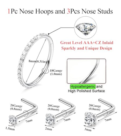 18G Nose Rings Hoop and 20g Nose Studs Sets for Women Men, Hypoallergenic 316L Surgical Steel Hinged Clicker Segment CZ Nose Hoops Double Hoop Nose Ring Septum Lip Helix Cartilage Daith Tragus Sleeper Earrings Gold Silver L Shape/Corkscrew Nose Studs Nost