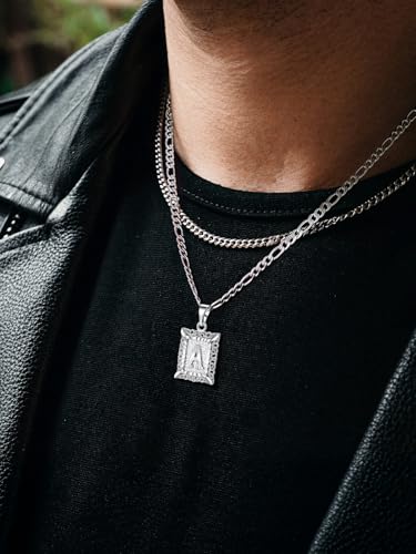 U7 Initial Letter Necklace for Men Women, 14K Gold/Silver Plated Square Capital Monogram Pendant Necklace from A-Z with 22+2 Inch Figaro Chain, Personalized Jewelry for Him - color: Silver, style: AA