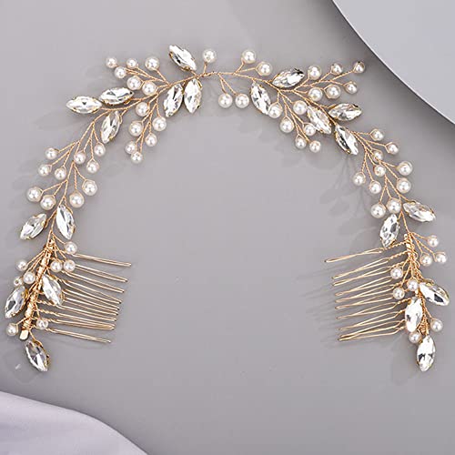 Chargances Bridal Pearl Crystal Hair Vine Comb Wedding Gold Long Headband Hair Comb Fashion Handmade Headpiece Bridal Hair Accessories for Wedding Prom Flower Girl (Gold) - color: Gold