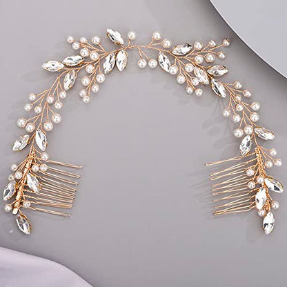 Chargances Bridal Pearl Crystal Hair Vine Comb Wedding Gold Long Headband Hair Comb Fashion Handmade Headpiece Bridal Hair Accessories for Wedding Prom Flower Girl (Gold) - color: Gold