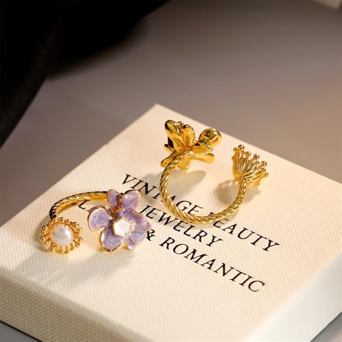 Kokoma Flower Pearl Statement Ring for Women Trendy Enamel Purple Floral Pearls Wrap Adjustable Open Band Rings Engagement Promsie Bands Jewelry