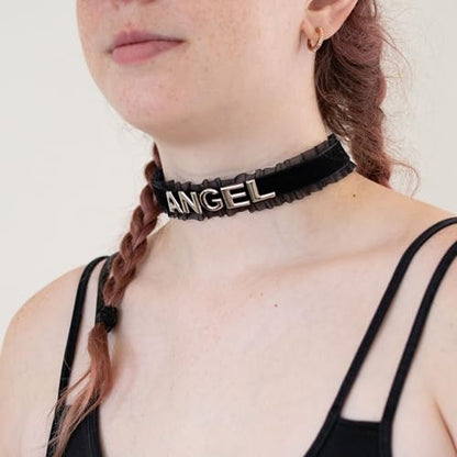 Women's Black Velvet Lace Letter Choker Collar for Halloween, 15-inch | Made of Velvet Lace Ribbon and Silver Letter Charms, Lobster-claw Closure, Daily Gothic Style, Avoid Water & Perfume - color: ANGEL