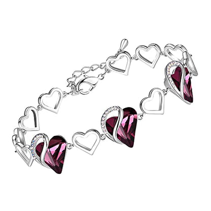 Leafael Infinity Love Heart Gift Bracelet for Women, Birthstone or Healing Stone Crystal, Silver Tone Birthday Jewelry for Her, Mom, and Wife, 7-inch Chain and 2-inch Extender - color: 02a-February-Amethyst Dark Pink