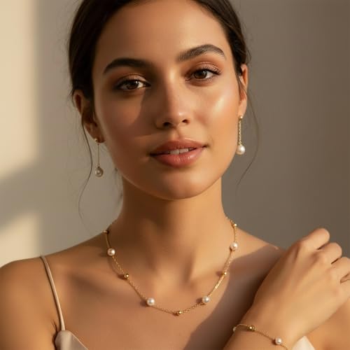 Gold Jewelry Sets for Women, Gold Pearl Dangle Earrings Bracelets Necklaces Set, Women's Jewelry Gifts for Women Wife - style: Gold Pearl Necklace Set-3PCS