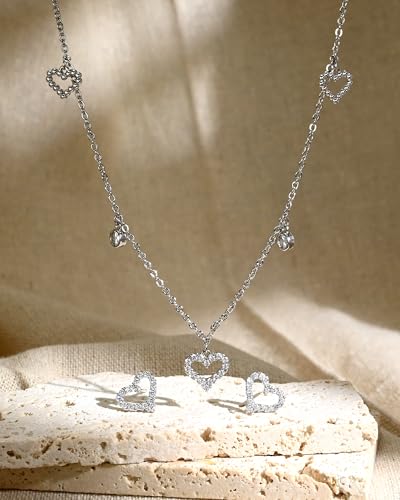 Silver Heart Jewelry Set for Women with Cubic Zirconia Heart Pendant CZ Adjustable Chain Necklace and Minimalist Small Stud for Wedding