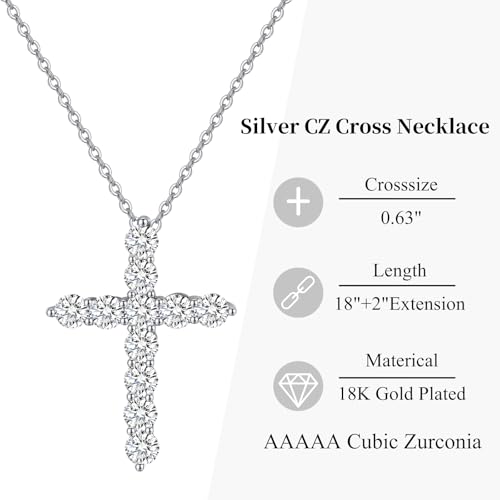 Women's Cross Pendant Necklace, 925 Sterling Silver Gold Plated with 5A Cubic Zirconia, 18"+2" Adjustable Chain, Christian Religious Jewelry Gift for Wife Daughter Mom,Birthday Gift