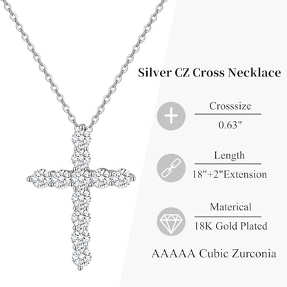 Women's Cross Pendant Necklace, 925 Sterling Silver Gold Plated with 5A Cubic Zirconia, 18"+2" Adjustable Chain, Christian Religious Jewelry Gift for Wife Daughter Mom,Birthday Gift