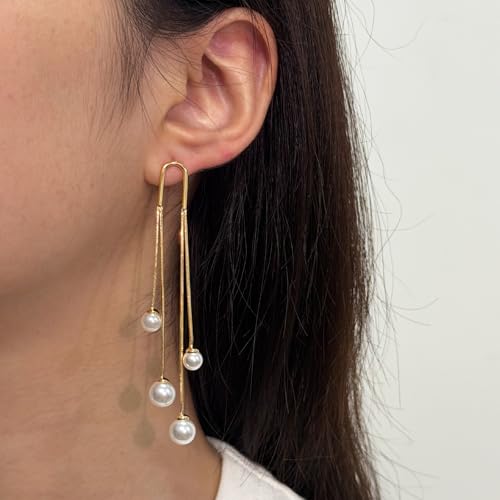 Pearl Dangle Earrings for Women, 14K Gold Plated, Long Tassel Drop Style, Trendy Fashion Jewelry - color: Gold