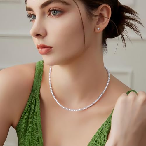 White Genuine Freshwater Cultured Pearl Necklace For Women And Men | Full Sizes from 3mm to 14mm Freshwater Pearls, AAA Grade & Above, A Love Gift Choice For Anniversaries And Birthdays - size: 3-4mm 16+2in