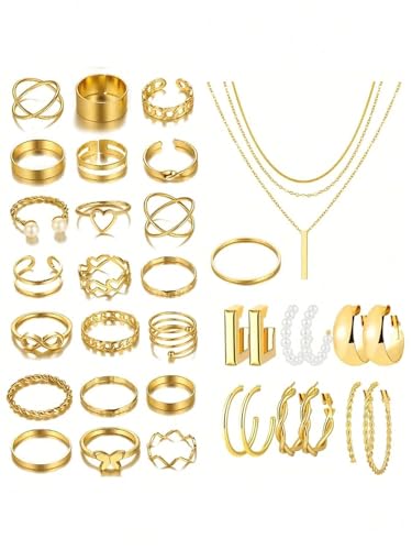 37-Piece Gold Plated Jewelry Gift Set for Women – Complete Fashion Collection Includes Necklace, Earrings, Bracelets & Rings | Hypoallergenic Stainless Steel | Ideal Birthday & Anniversary GiftUltimate Jewelry Gift Set-37 Pcs Gold Plated Complete Collecti