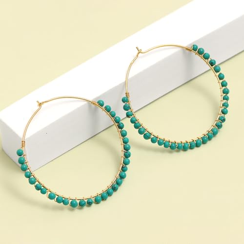 LeCalla 925 Sterling Silver Large Hoop Earrings | Lightweight High-Polished Italian Handmade Earring Hoops | Round Shaped Statement Hoops Earring for Women - color: Boho Beaded Turquoise-50MM