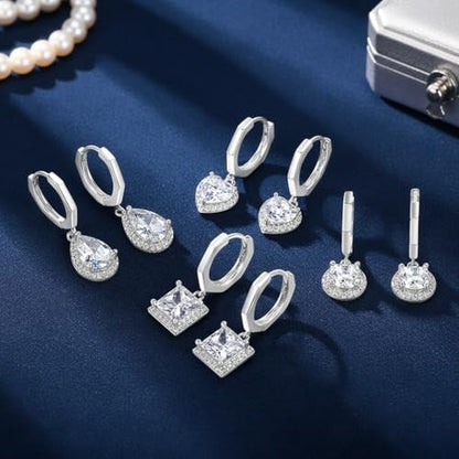 2-4 Pairs Dangle Drop Earrings for Women, 18K Gold Plated Cubic Zirconia Drop Dangle Huggie Hoop Earrings CZ Teardrop Hypoallergenic Jewelry - color: White Gold
