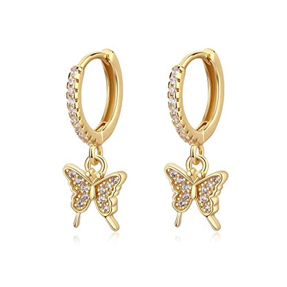DAILY VIBES Cute Gold Mini Dangle Huggie Hoop Earrings for Women Trendy | 14K Gold Plated, Dainty Cubic Zirconia, Small Hoop Earrings with Charm Drop, Jewelry Gift for Women Ladies - color: Butterfly CZ