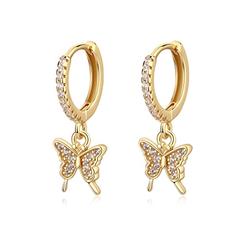 DAILY VIBES Cute Gold Mini Dangle Huggie Hoop Earrings for Women Trendy | 14K Gold Plated, Dainty Cubic Zirconia, Small Hoop Earrings with Charm Drop, Jewelry Gift for Women Ladies - color: Butterfly CZ
