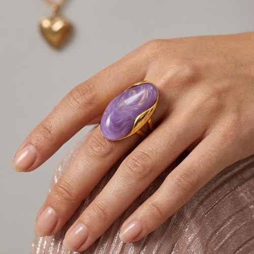 Mchic Colorful Chunky Statement Ring for Women: Boho Large Oval Acrylic Finger Ring Stainless Steel Adjustable Beach Summer Y2K Handmade Jewelry Gift for Women - color: Purple