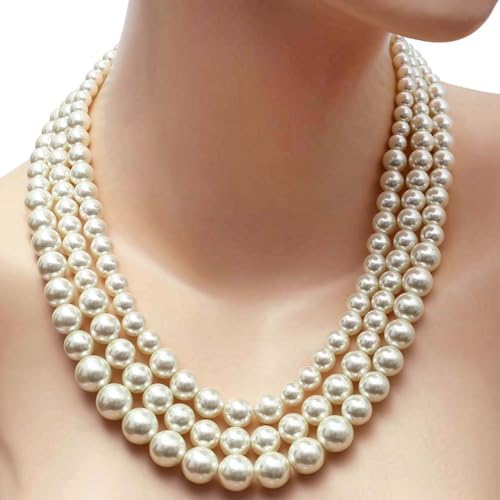 S SUSANN Costume Layered Twisted Gold Pearl Necklace Choker Chunky Glass Statement Pearl Necklace and Earring set, good gift for women Faux pearl necklace set - style: Big pearl collar necklace
