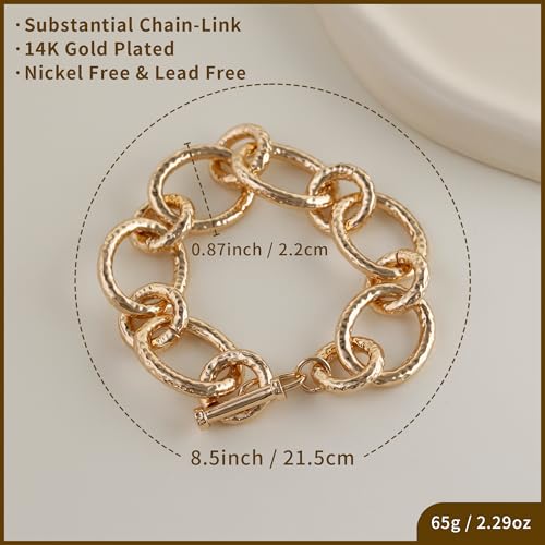18K Gold Plated Hammered Toggle Bracelet for Women | Chunky hammered statement bracelet with a toggle closure and 3 adjustable sizes, designed for everyday wear and gifting - style: Style One