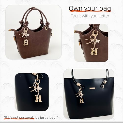 Gold Bubble Heart, Cherry, Bow & More Designs Letter Initial Keychain Bag Charms – Cute Purse Charms for Handbags - color: Bow & Butterfly, style: H