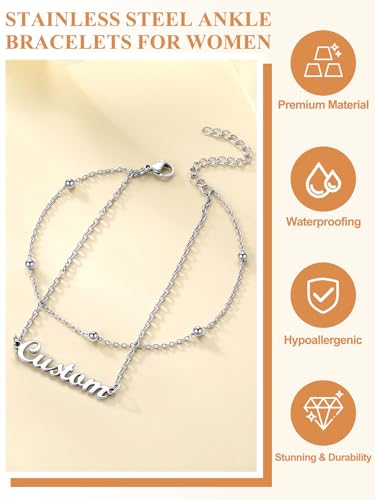 Custom4U Custom Name Anklet Bracelets for Women Waterproof Beaded/Figaro/Cuban/Rope/Wheat Chain Anklet Stackable Gold Plated Non Tarnish Custom Beach Gift Barefoot Summer Jewelry for Her - color: A02-Silver Beaded Chain