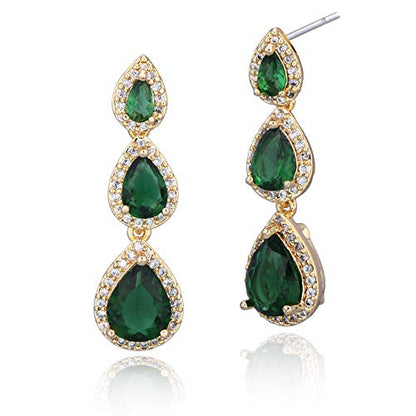 Women's Cubic Zirconia Bridal Earrings - Elegant Long Wedding Party Prom Earring for Bride Bridesmaids Crystal CZ Rhinestone Chandelier Statement Dangle Drop Earrings for Women - color: Green