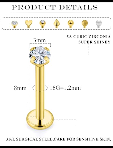 16G Flat Back Earrings Nose Studs 316L Surgical Steel Medusa Labret Monroe Lip Ring Tragus Forward Helix Conch Cartilage Lobe Earrings Stud Piercing Jewelry For Women Men 8MM Bar Length - color: 14K Gold Filled