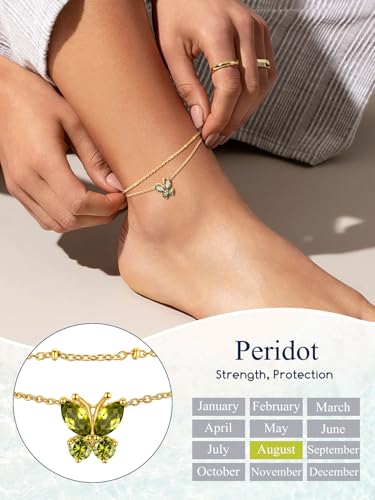 Suplight Gold Plated Butterfly Anklets for Women Waterproof, Layered Boho Ankle Bracelet with Birthstone, Stainless Steel Adjustable Non-Tarnish Heart Foot Jewelry Beach Vacation - color: 08. Butterfly-August. Peridot